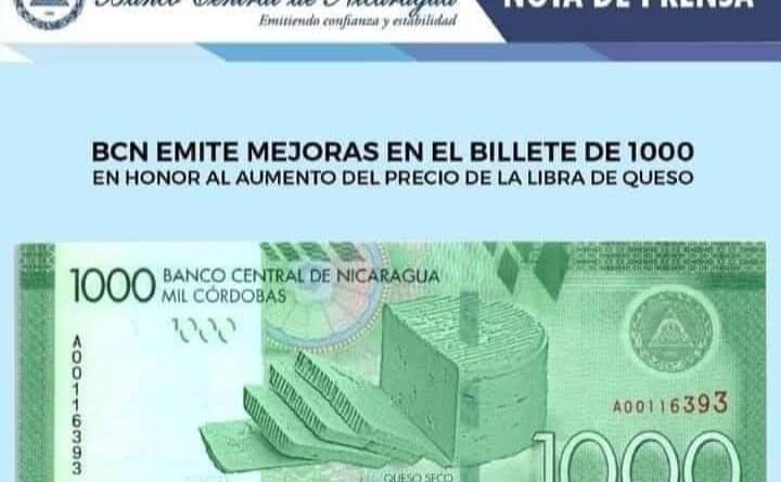 ¡ESCÁNDALA! Banco Central lanza nuevo billete de mil córdobas con imagen del queso