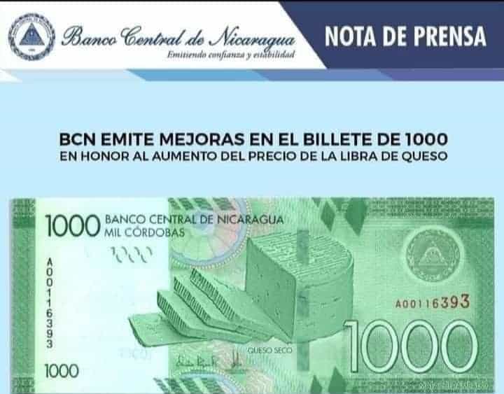 ¡ESCÁNDALA! Banco Central lanza nuevo billete de mil córdobas con imagen del queso